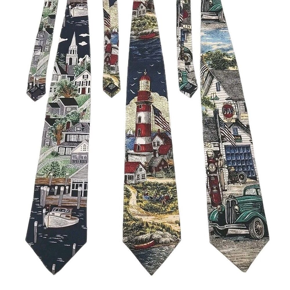Van Heusen Silk Tie Lot of 3 Casual Americana Filling Station Lighting Village